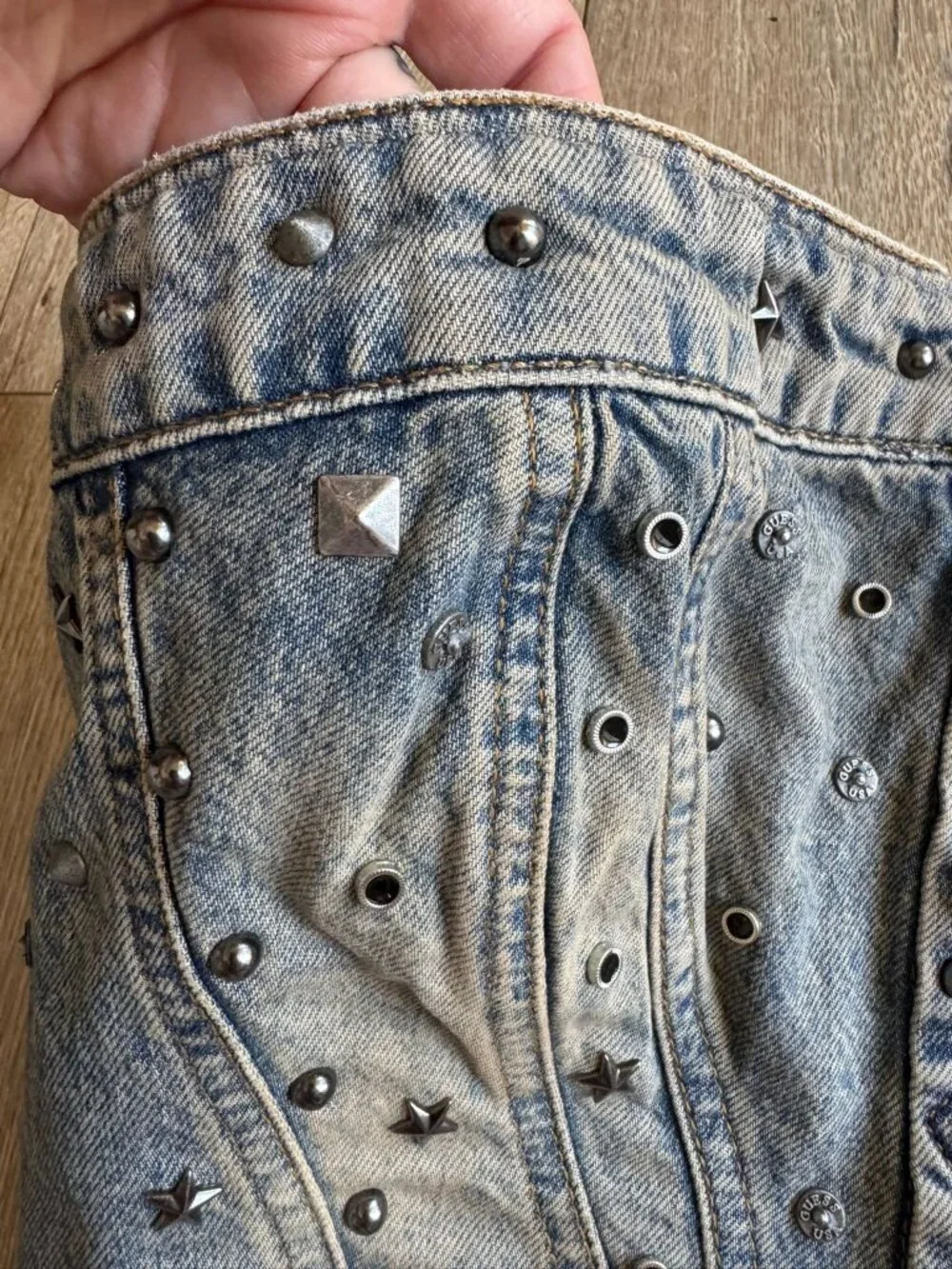 GUESS USA Silver Stud Embellished Gusa‎ Indigo Brown Tint Denim Corset Large
